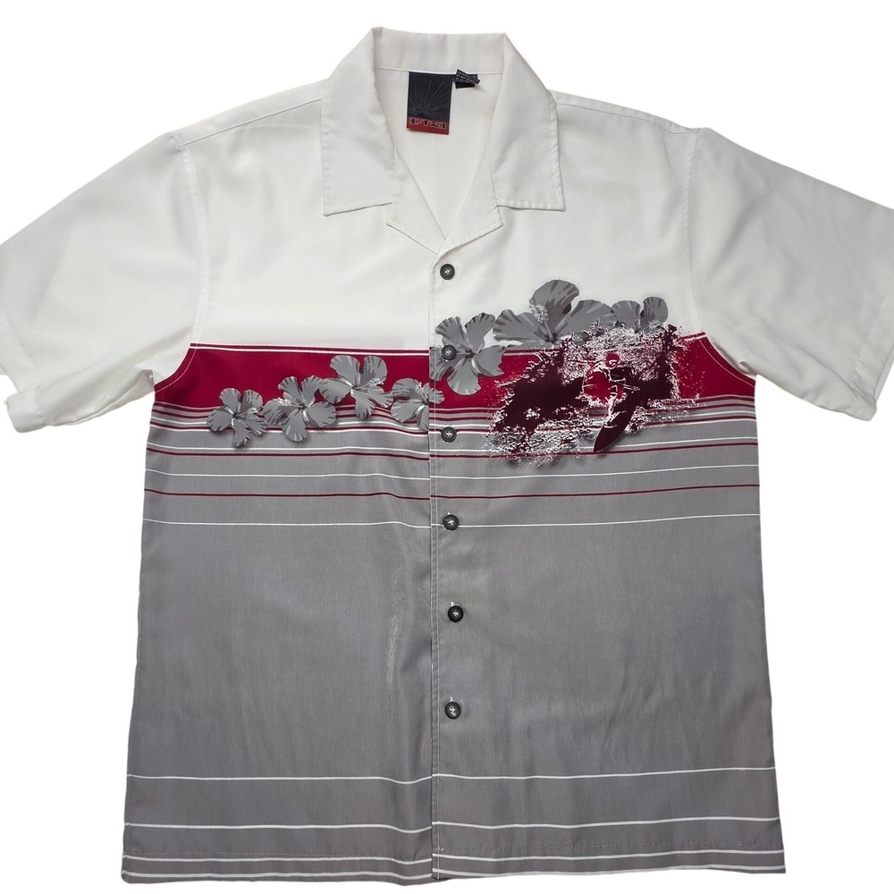 C-Two Mens Short Sleeve Button Down Shirt White Grey Burgundy Surfer Floral L